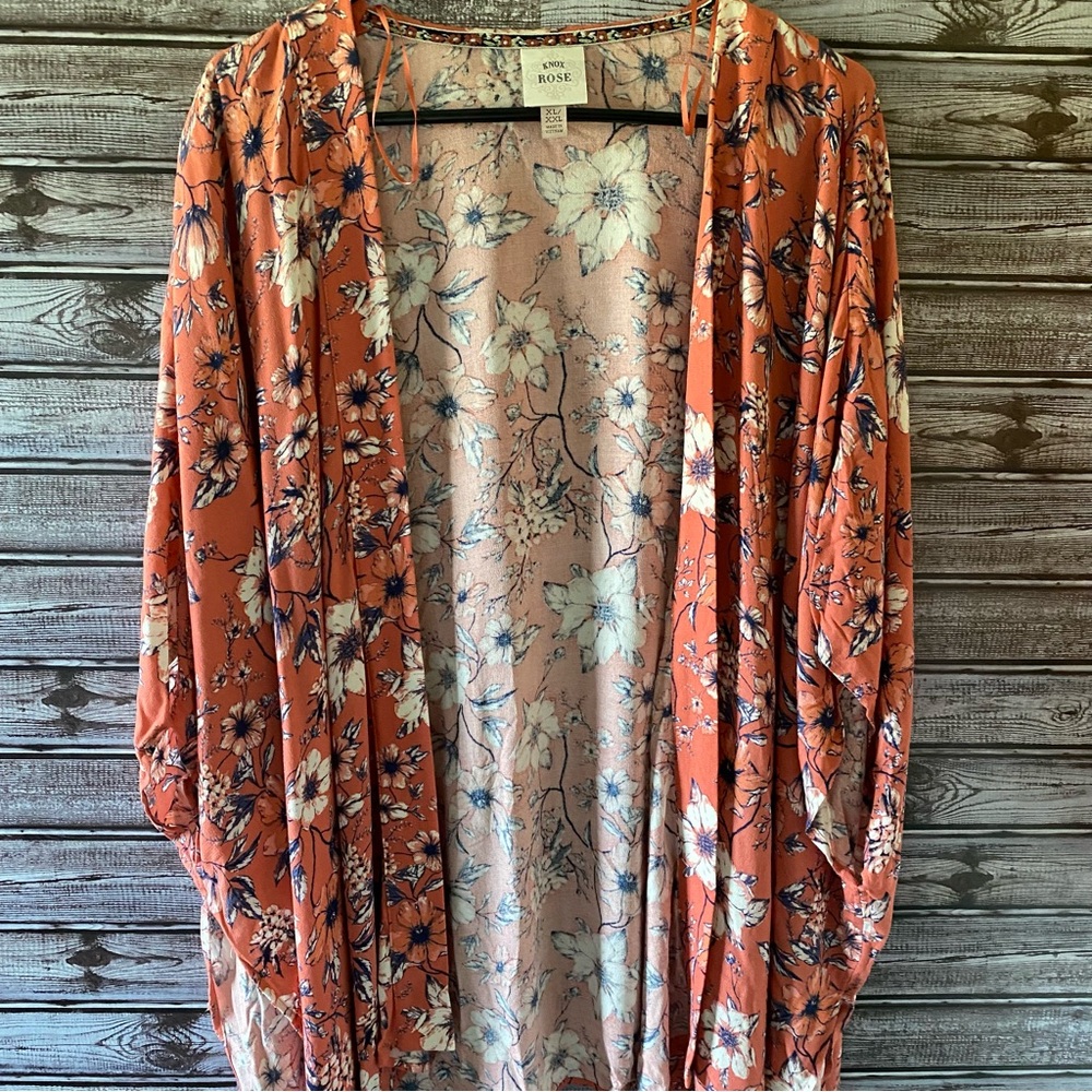 Knox Rose Women's Floral Open-Front Tasseled‎ Kimono Size XL/XXL